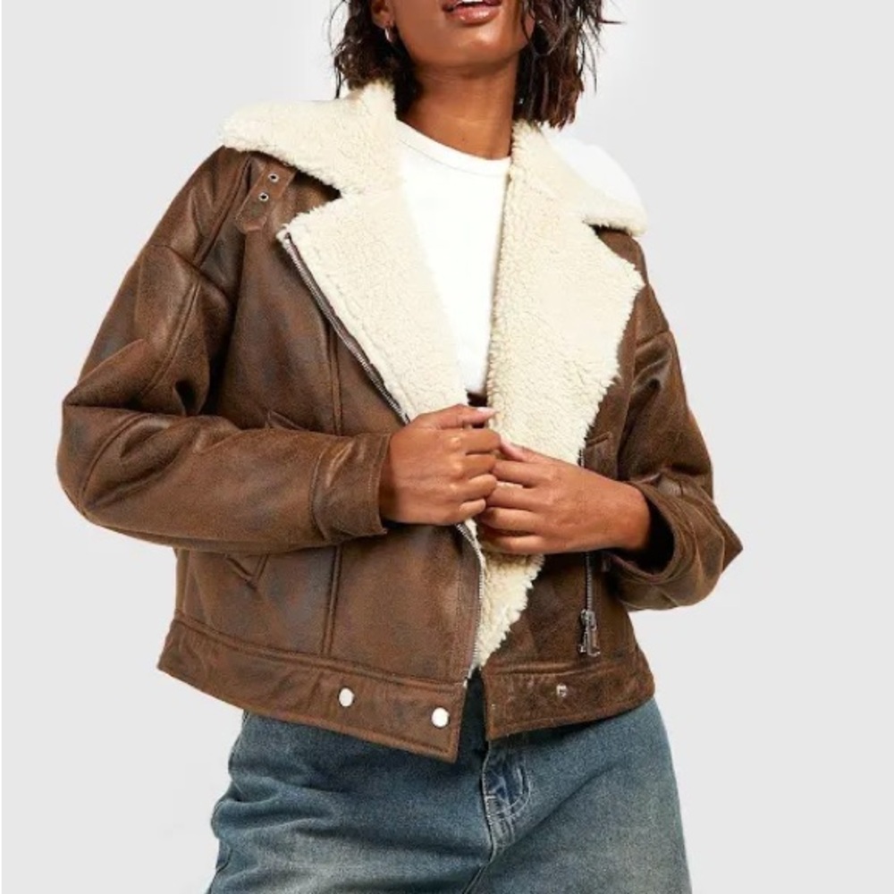 Boohoo Vintage Wash Faux Leather Aviator Jacket